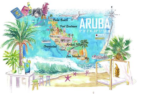 Aruba Dutch Antilles Caribbean Island Illustrated Travel Map With