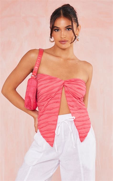 Hot Pink Textured Jersey Bandeau Tops Prettylittlething