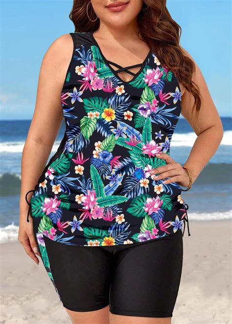 Black Plus Size Floral Print Criss Cross Tankini Set Rosewe Usd