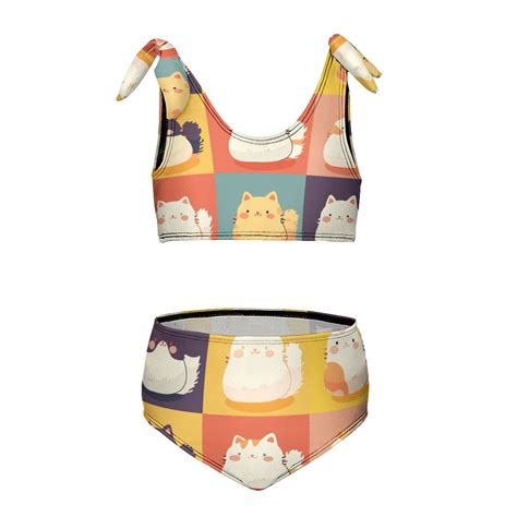 Cartoon Cute Kitten Girl S Piece Bikini Set Beach Sport Swimsuit