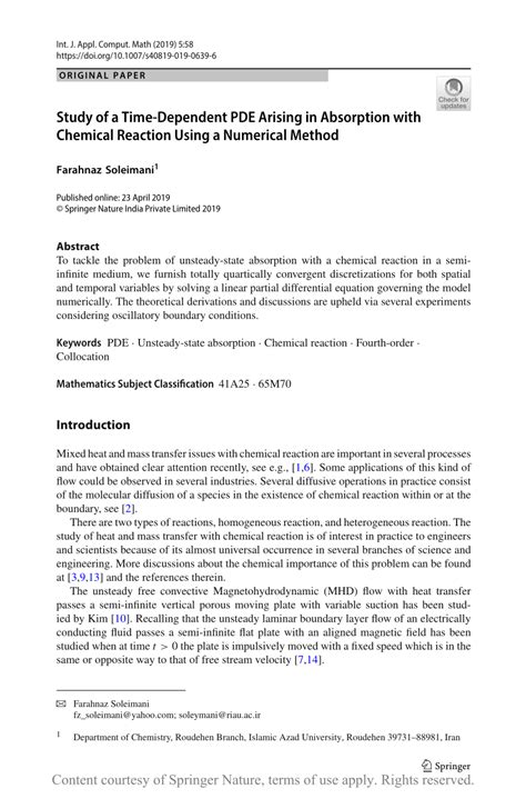 Study Of A Time Dependent Pde Arising In Absorption With Chemical