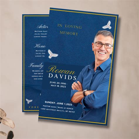 Elegant Blue Funeral Program Memorial Program Obituary Template Celebration Of Life Keepsake