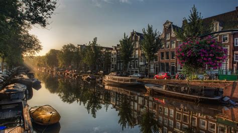 Waterway Boats Netherlands Buildings 4K Boat Europe Canal Body