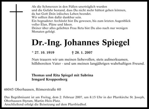 Traueranzeigen Von Johannes Spiegel Trauer In NRW De