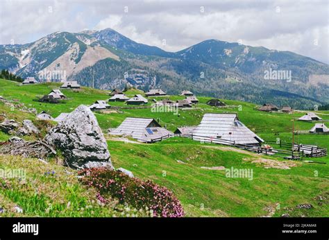 Big Pasture Plateau in the Kamnik Alps, Slovenia. Mountain cottage hut