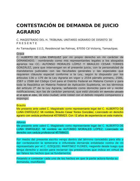 Contestacioì N DE Demanda DE Juicio Agrario v1 CONTESTACIÓN DE