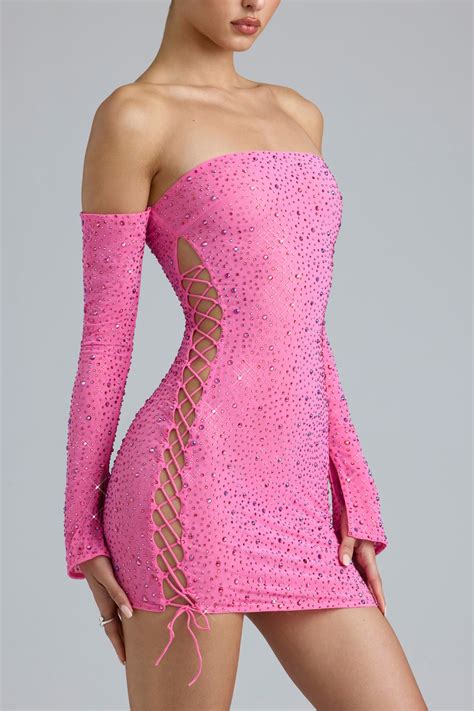 Jade Embellished Lace Up Off Shoulder Mini Dress In Bubblegum Pink Oh