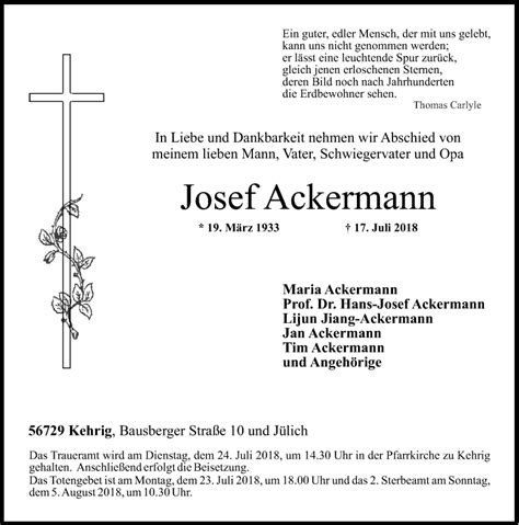 Traueranzeigen Von Josef Ackermann Rz Trauer De