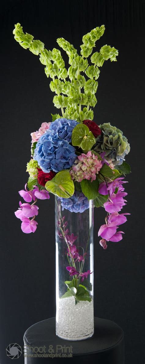 Large Cylinder Vase With Molucella Topper Hydrangeas Dendrobian And Phalaenopsis Orchids