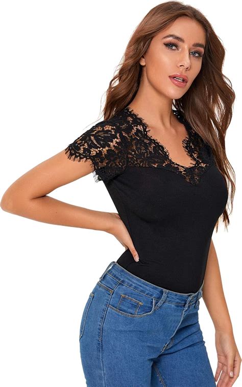 Didk Damen Top Mit Spitzen Elegant Shirts V Ausschnitt Spitzenshirt Oberteile Tops Amazonde