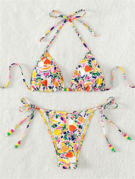 Swim Mod Fruit Print Triangle Tie Side Summer Beach Bikini Set SHEIN USA