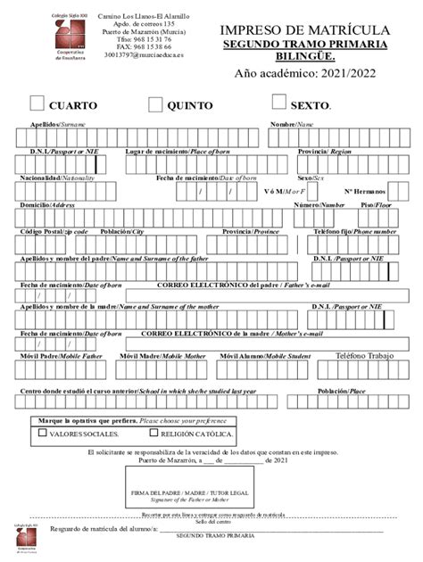 Completable En L Nea Impreso De Matrcula Segundo Tramo Primaria