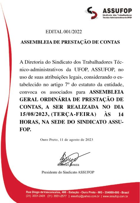 Assembleia Geral Ordinária De Prestação De Contas Participe Assufop