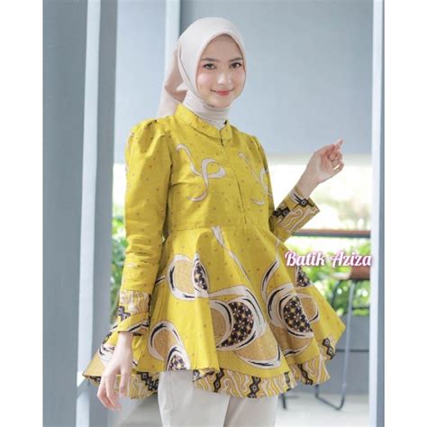 Jual Batik Wanita Modern Atasan Batik Wanita Puffy Shoulder Peplum