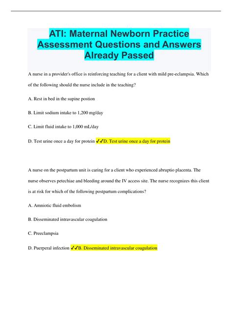 Ati Maternal Newborn Practice Assessment Questions And Answers Already