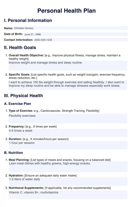 Personal Health Plan Template And Example Free Pdf Download