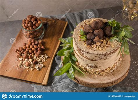Delicious Naked Coffee And Hazelnuts Cake Stock Photo Image Of Decorate Cheese