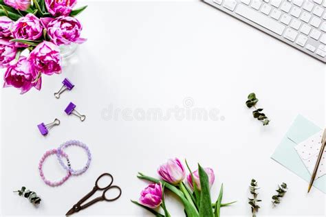 Woman Office Desk with Flowers on White Background Top View Mock Stock ...