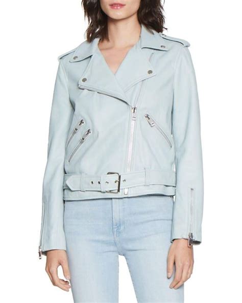 Walter Baker Allison Belted Leather Moto Jacket In Light Blue Blue Lyst