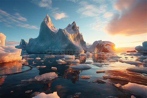 A Group Of Icebergs Floating On Top Of The Ocean Sun Global Worming