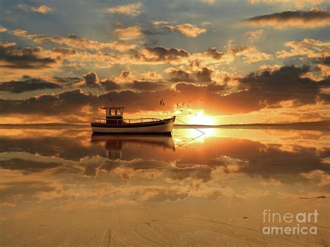 The fishing boat at sunset Digital Art by Monika Juengling