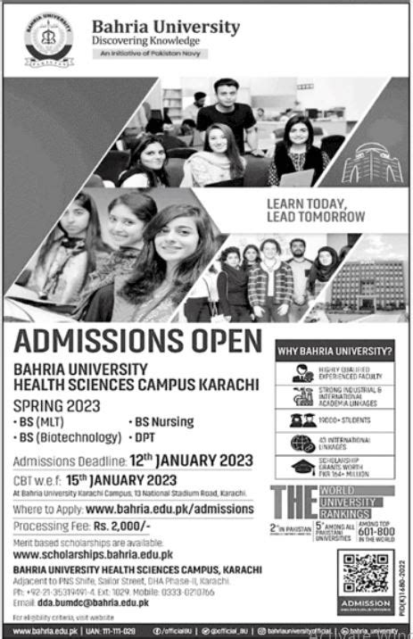 Bs And Dpt Program Admissions At Bahria University Karachi Campus