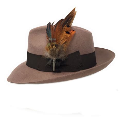 Beige Snap Brim Fedora Hat With Country Feather Brooch Chedworth