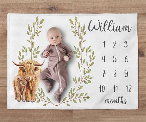 Personalized Monthly Milestone Baby Blanket Boy Cow Greenery Wreath