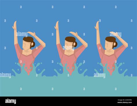 Vector Illustration Of A Group Of Cartoon Women Swimmers In Water Doing