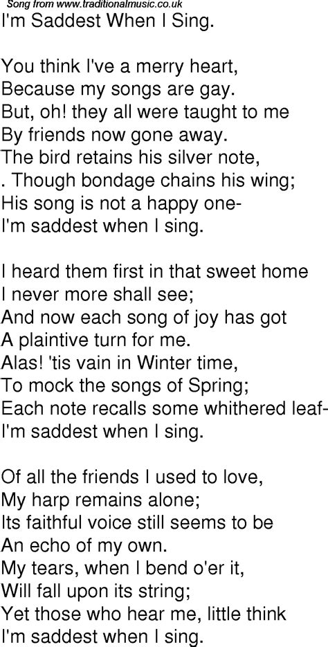 Old Time Song Lyrics for 10 I'm Saddest When I Sing