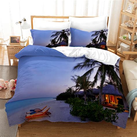 Ocean Bedding Set Queen Size Beach Duvet Cover Set Tropical Palm Tree Hawaii Ocean Comforter