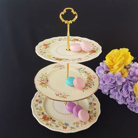 Tier Cake Stand Mismatched Floral Vintage Plates On Off White Royal