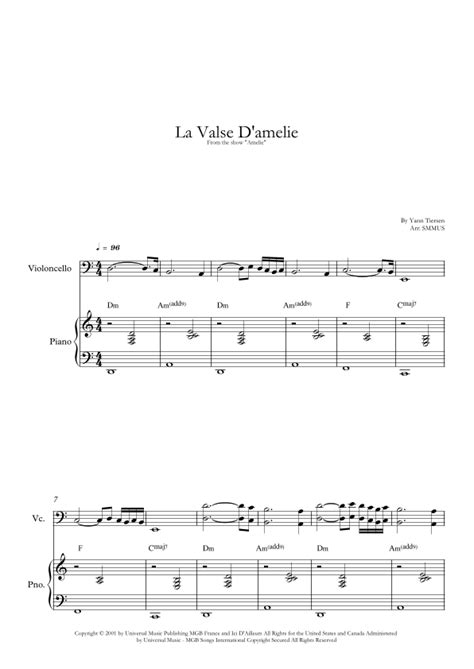 La Valse D Amelie Arr Smmus By Yann Tiersen Sheet Music For Cello