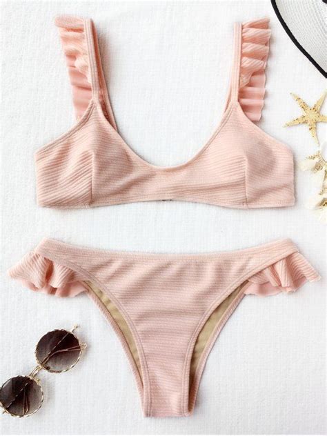 18 OFF 2021 Ribbed Texture Ruffles Bikini Set In SHALLOW PINK ZAFUL