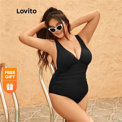 Lovito Plus Size Curve Casual Plain Backless Halter With Removable Pads Women One Piece Lps03019