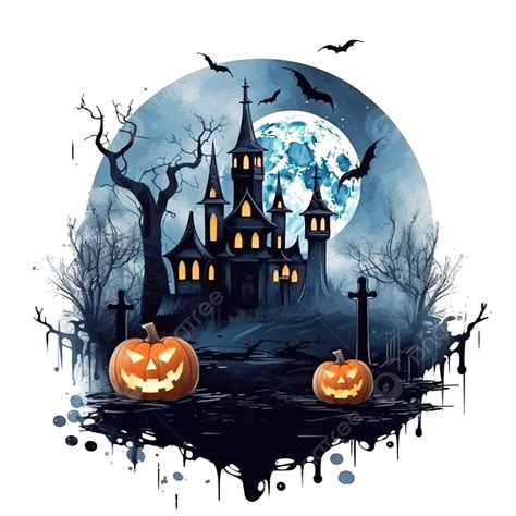 Halloween Scary Night With Moon In Sky, Castle And Ghosts, Happy ...