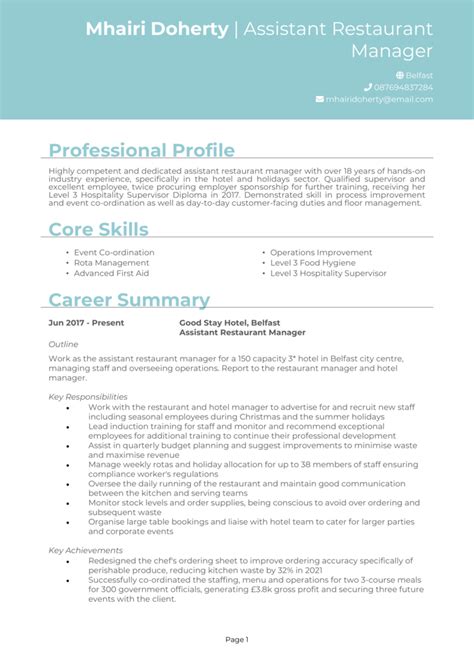 Assistant Restaurant Manager Cv Example Guide Land Jos