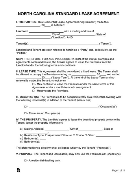 Free North Carolina Lease Agreement Templates 6 PDF WORD RTF