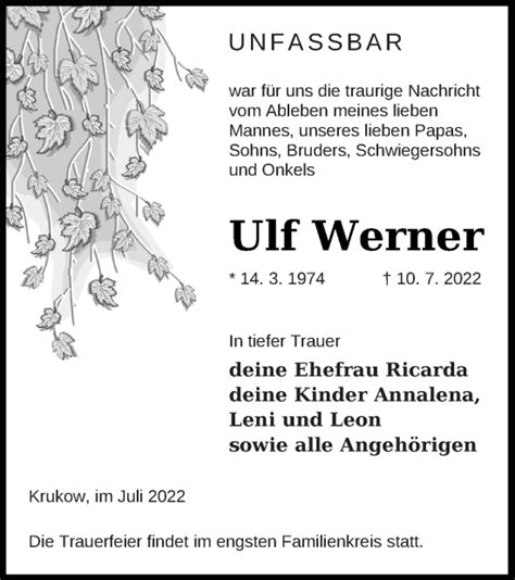 Traueranzeigen Von Ulf Werner Trauer Nordkurier