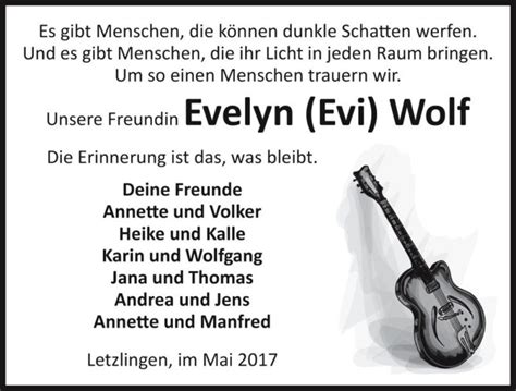 Traueranzeigen Von Evelyn Evi Wolf Abschied Nehmen De