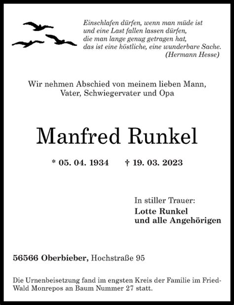 Traueranzeigen Von Manfred Runkel Rz Trauer De