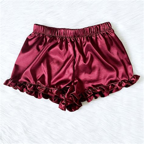 Burgundy Satin Shorts Ruffle Trim Pajama Pj Adult Women Sleepwear