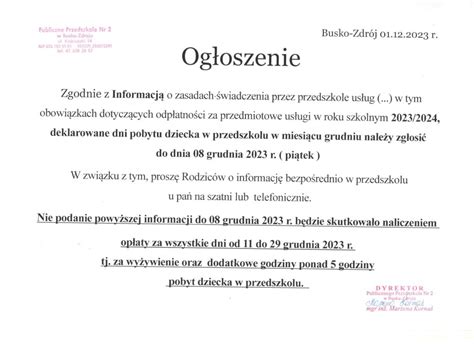 Opłaty za przedszkole w miesiącu grudniu 2023 r Publiczne