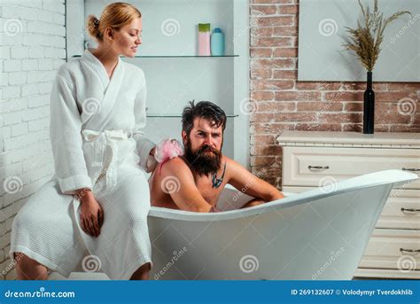 Skincare Morning Couple Couple Of Sensual Girl And Naked Man Trimming