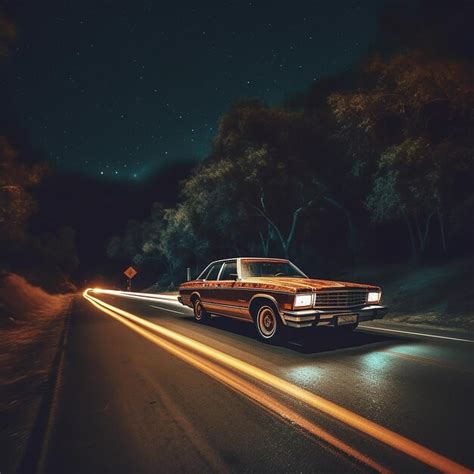 Un Coche Circula Por Una Carretera Con Las Luces Encendidas Foto Premium