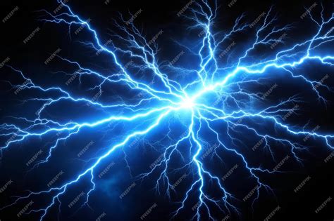 Blue Lightning Strike On Black Background Vibrant Electric Bolt Premium Ai Generated Image