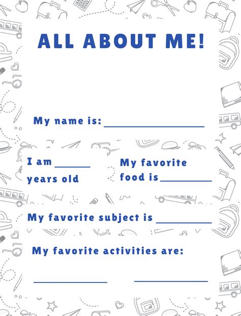 All About Me Questions Printable