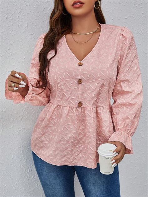 Plus Jacquard Flounce Sleeve Peplum Blouse Shein Usa