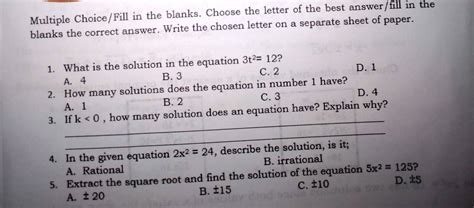 Solved Multiple Choice Fill In The Blank Choose The Letter Of The