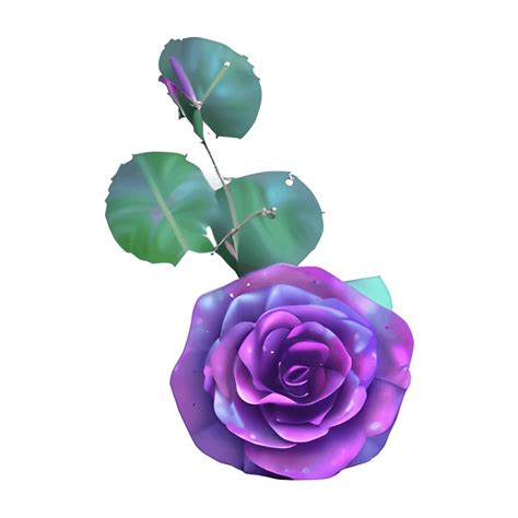 Large Open Purple Galaxy Rose With Stem And Leaves Glitter · Creative